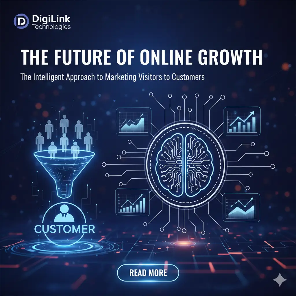 An eye-catching, professional blog header for DigiLink Technologies. The image features a sleek dark blue background with digital circuitry and glowing data points. On the left, a futuristic funnel shows "visitors" (represented by human icons) being filtered down into a single "customer" icon. On the right, a glowing digital brain symbolizes intelligence and AI, surrounded by rising growth charts and analytics graphs. The top displays the company logo and the headline: "THE FUTURE OF ONLINE GROWTH: The Intelligent Approach to Marketing Visitors to Customers," with a "READ MORE" button at the bottom