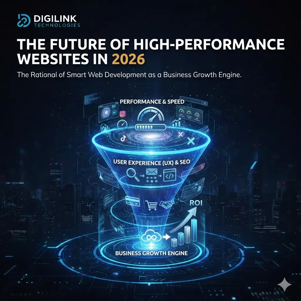 A futuristic, high-tech infographic titled "THE FUTURE OF HIGH-PERFORMANCE WEBSITES IN 2026," featuring the DigiLink Technologies logo. It displays a glowing blue digital data funnel labeled with strategic stages. The top section, labeled "PERFORMANCE & SPEED," shows a speedometer, social media icons, and data dashboards. The middle section, labeled "USER EXPERIENCE (UX) & SEO," includes a magnifying glass, email, star ratings, and code brackets. The bottom section is labeled "BUSINESS GROWTH ENGINE" with an infinity symbol and linked to a rising "ROI" bar graph with an upward-pointing arrow, all set against a dark, futuristic cityscape background.