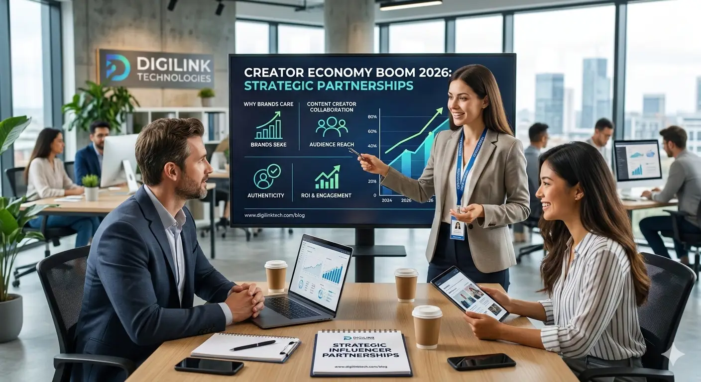An office setting for DigiLink Technologies shows a professional team discussing the "Creator Economy Boom 2026." A woman points to a digital screen displaying "Strategic Partnerships" with charts on brand reach, authenticity, and ROI. Colleagues at a conference table use laptops and tablets, with the company's branding visible throughout the modern, sunlit workspace.