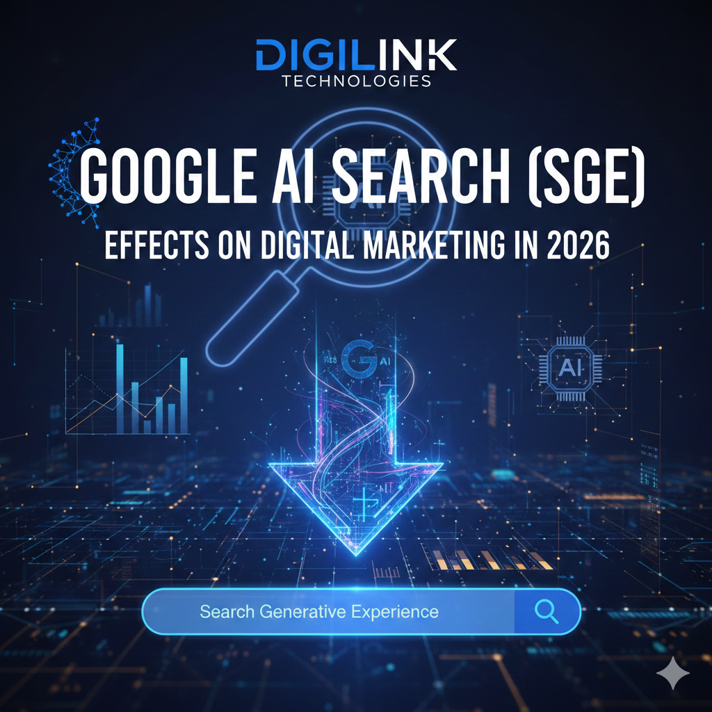 Professional digital marketing graphic for DigiLink Technologies featuring a futuristic blue interface with a magnifying glass, data charts, and a search bar. The text reads 'Google AI Search (SGE): Effects on Digital Marketing in 2026', representing the evolution of Search Generative Experience.