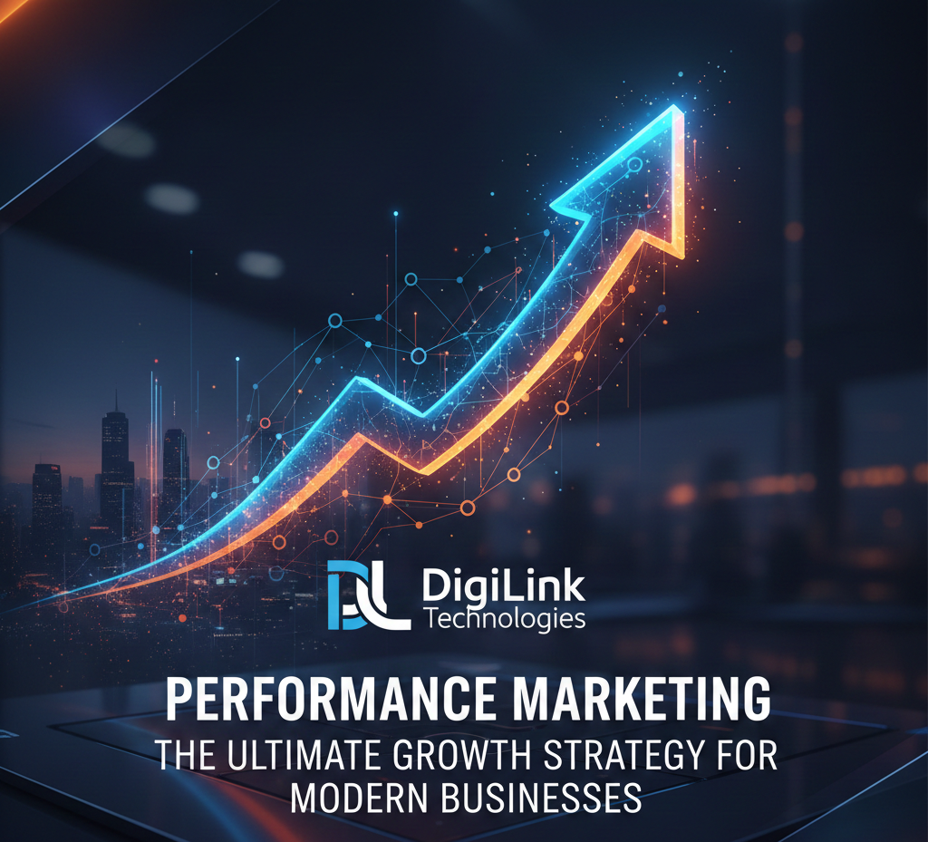 A professional and high-tech digital graphic for DigiLink Technologies. The image features a glowing, upward-trending arrow composed of data points and light streaks, symbolizing rapid business growth. Below the arrow, the DigiLink Technologies logo is prominently displayed, followed by the bold text: 'PERFORMANCE MARKETING: THE ULTIMATE GROWTH STRATEGY FOR MODERN BUSINESSES.' The background shows a sleek, blurred cityscape at night, conveying a sophisticated and modern corporate feel
