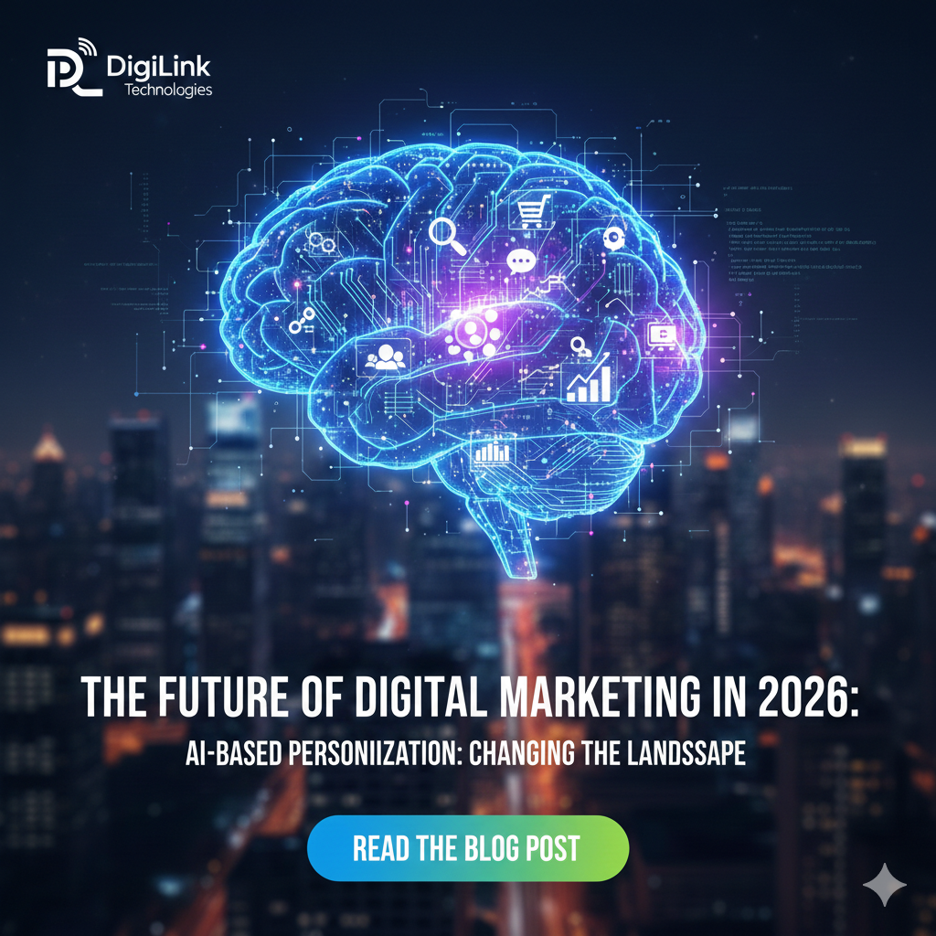 "A futuristic digital brain representing AI personalization in marketing, set against a night city background with the DigiLink Technologies logo."