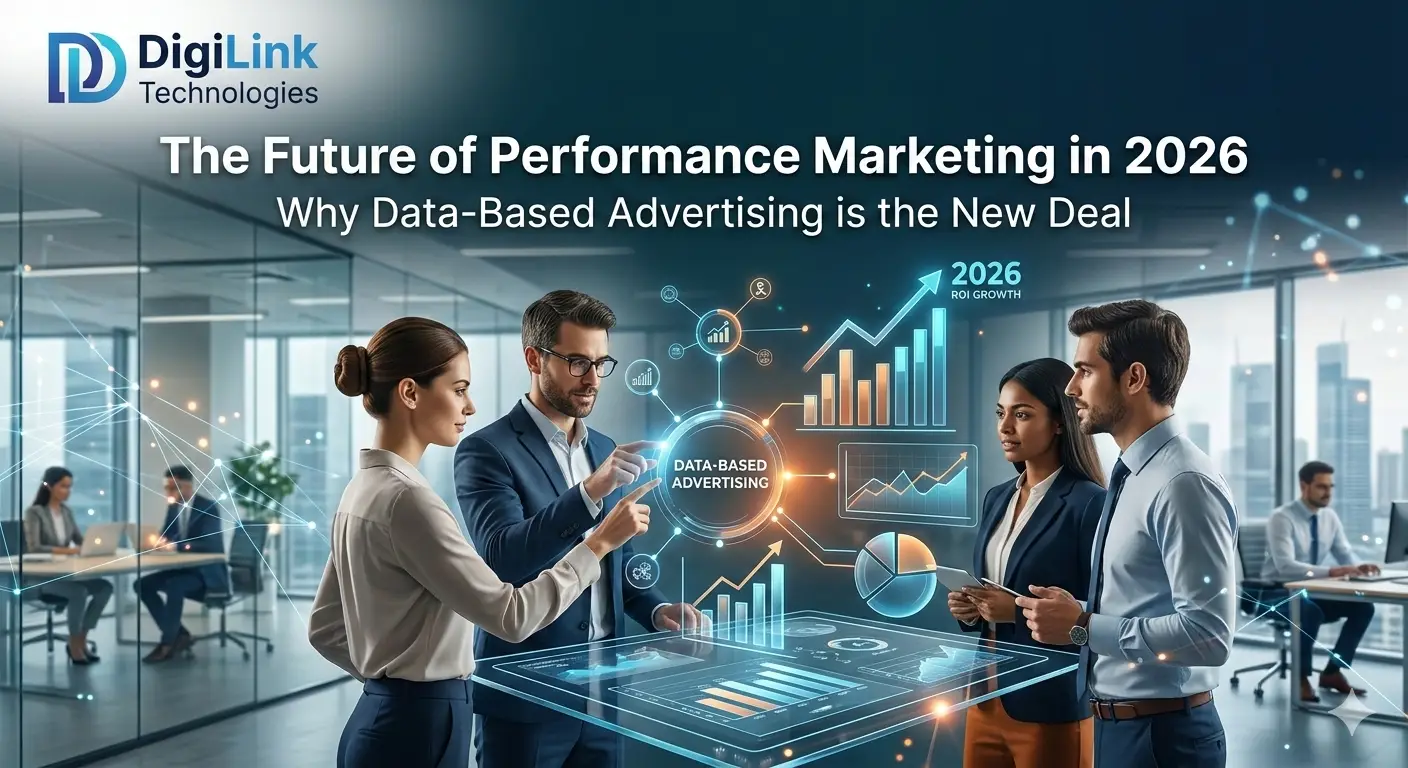 A diverse group of professionals in a modern office interacting with a glowing 3D data interface showing charts, graphs, and the text 'Data-Based Advertising' and 'The Future of Performance Marketing in 2026'."