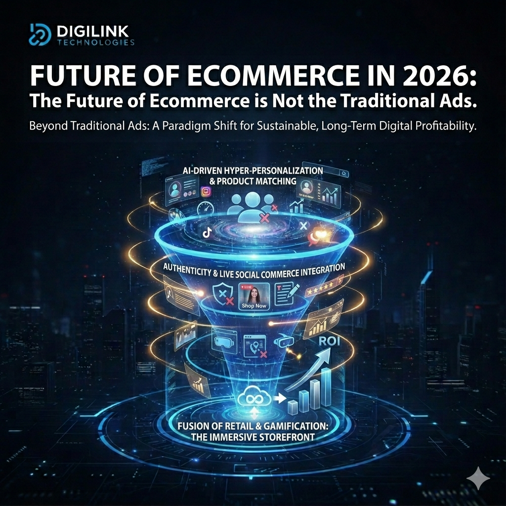 Gemini said A professional, high-tech blog header image for DigiLink Technologies titled "FUTURE OF ECOMMERCE IN 2026: The Future of Ecommerce is Not the Traditional Ads."