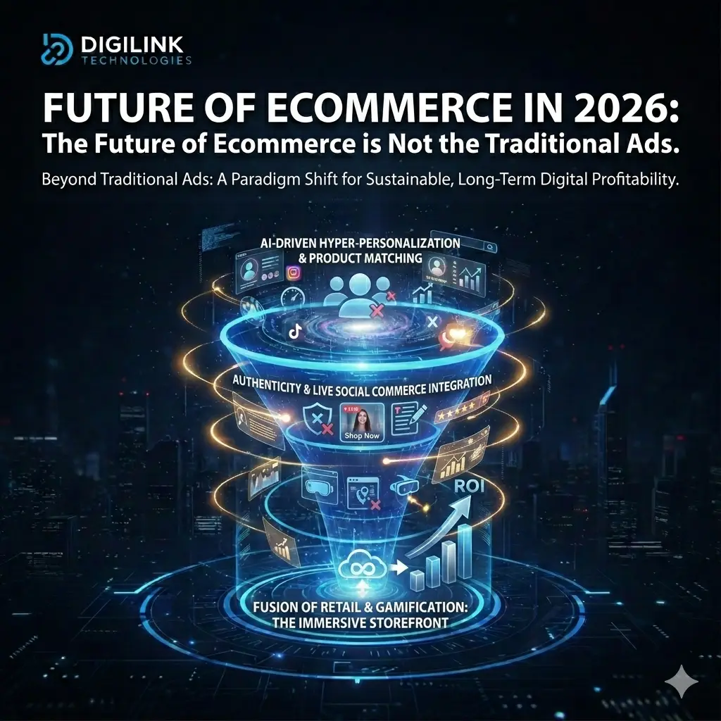 Gemini said A professional, high-tech blog header image for DigiLink Technologies titled "FUTURE OF ECOMMERCE IN 2026: The Future of Ecommerce is Not the Traditional Ads."